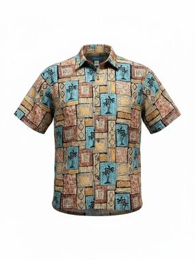 Cooke Street Honolulu Hawaiian Shirt Mens Medium Blue Block Print Palm Tree Vtg